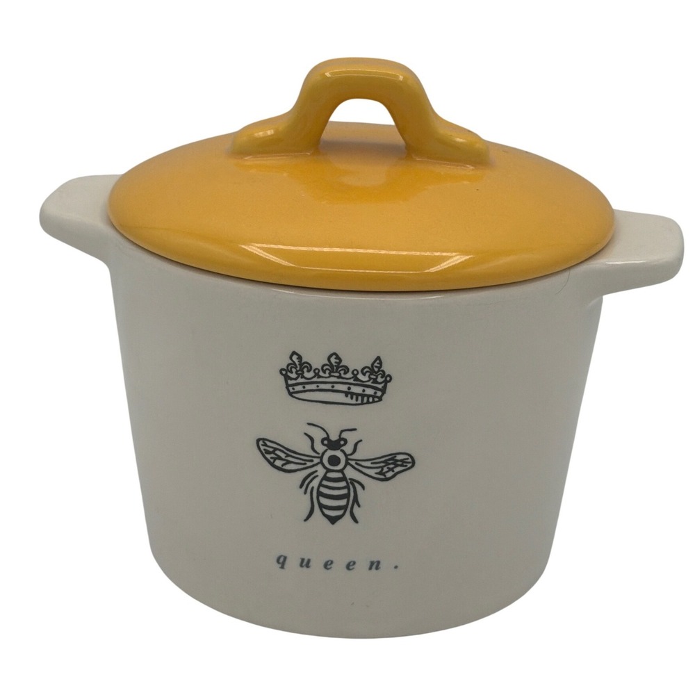 Rae Dunn "Queen" Bee Mini Ceramic Casserole Crock Pot with Yellow Lid